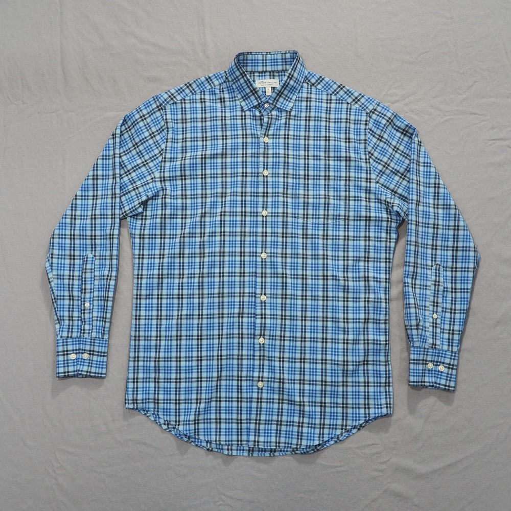 Peter Millar Summer Comfort Mens Blue Plaid Long Sleeve Button Down Shirt